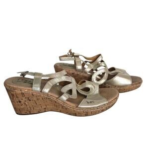 B.O.C. Born Cork Wedge Champagne Gold Leather Cut-Out Sandals Boho Sz 8